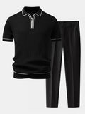 Contrast Trim Waffle Zipper Knit Polo & Slim Fit Tapered Trousers