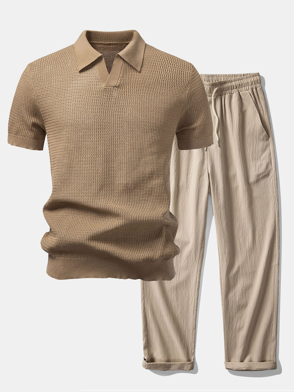 Textured Johnny Collar Crocheted Knit Polo & Crinkle Textured Straight Leg Pants