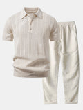 Linen Stripe Open Knit Polo & Straight Leg Linen Pants