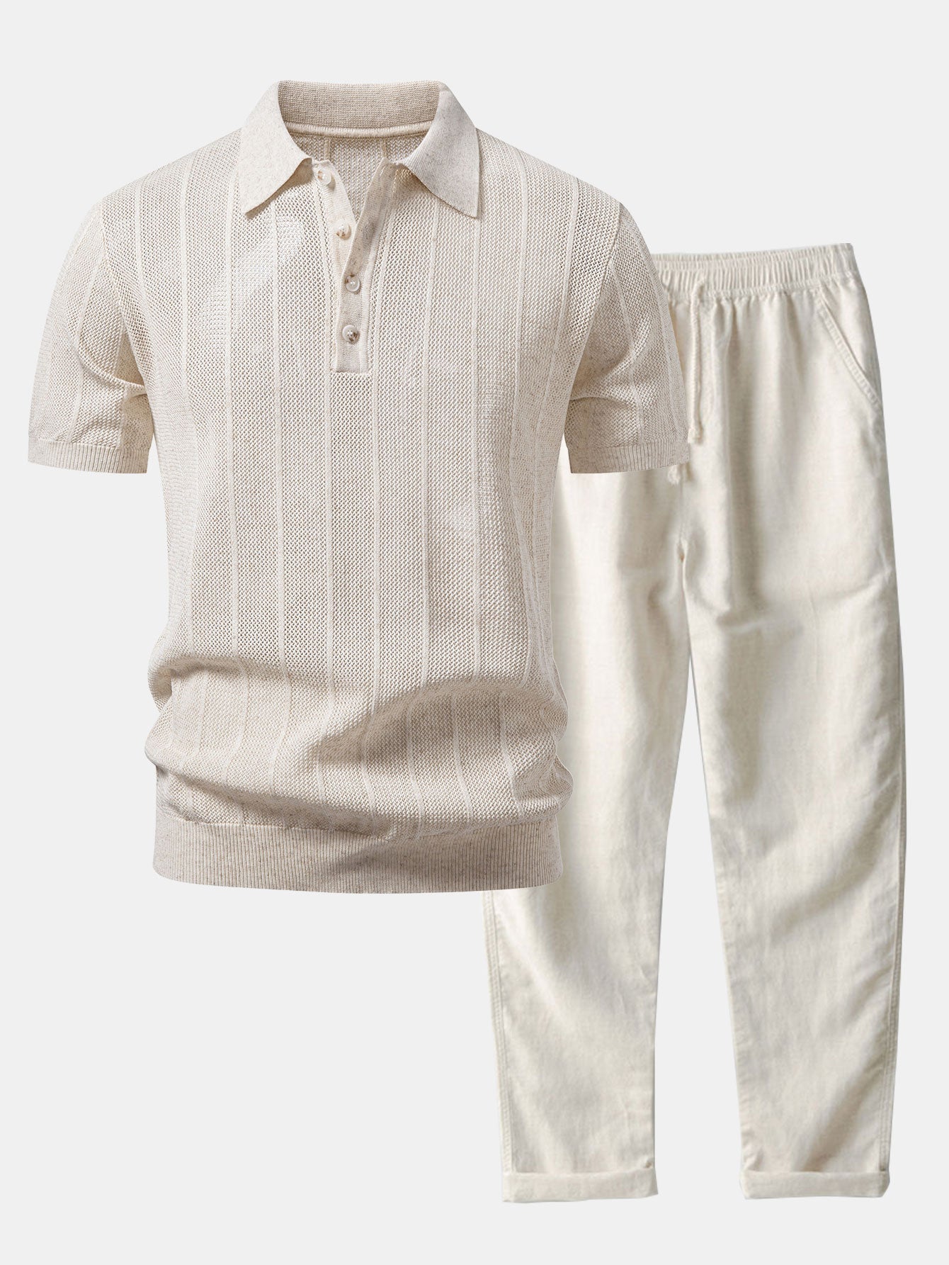 Linen Stripe Open Knit Polo & Straight Leg Linen Pants