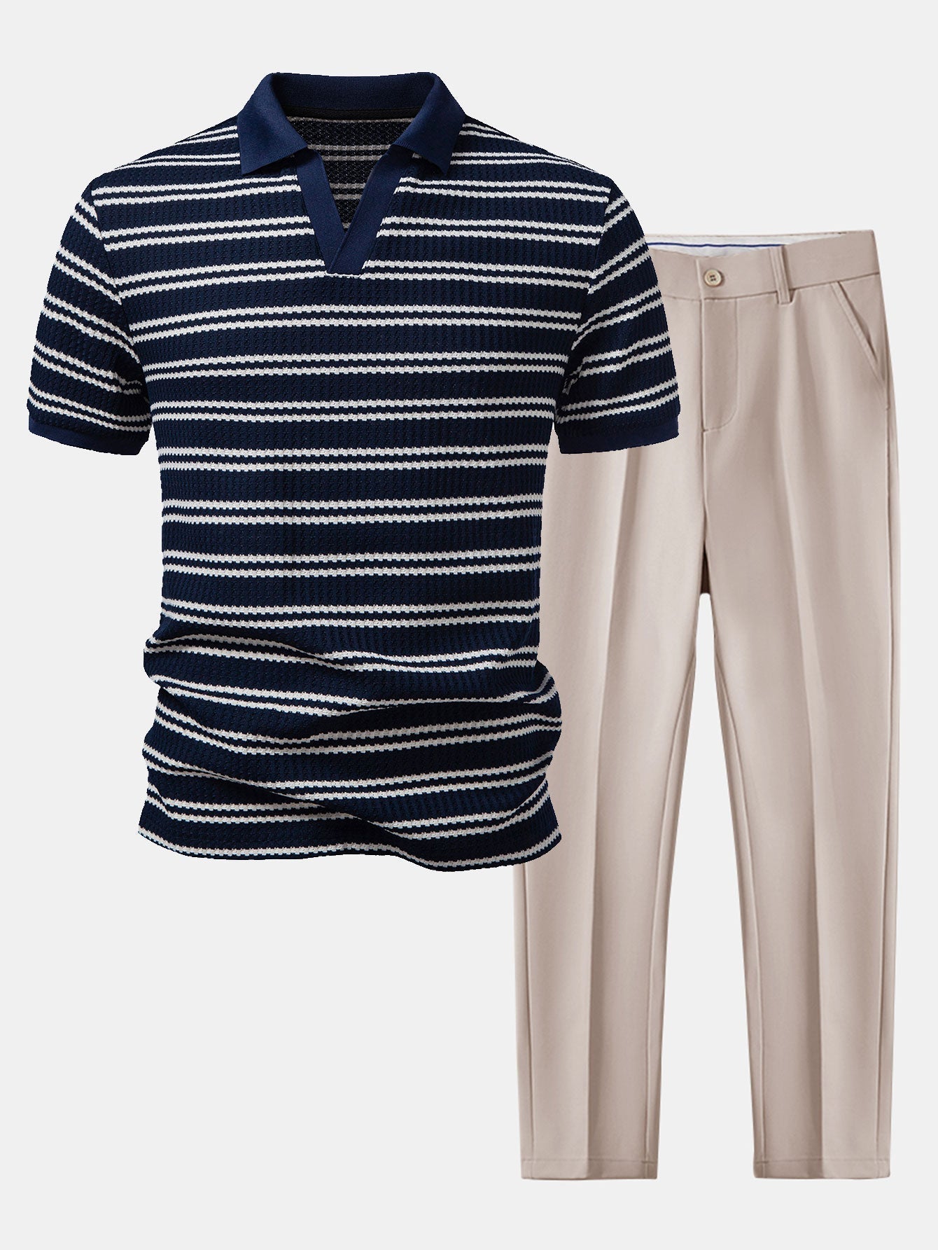 Stripe Waffle Johnny Collar Polo & Slim Fit Tapered Trousers