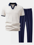 Contrast Knit Waffle Johnny Collar Polo & Slim Fit Tapered Trousers