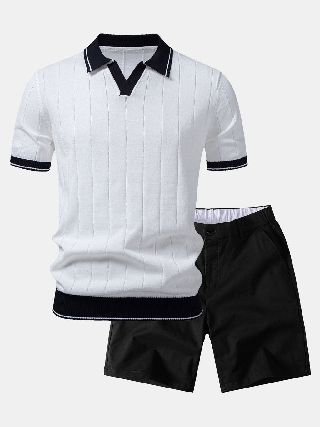 Contrast Trim Ribbed Johnny Collar Knit Polo & Elastic Waist Chino Shorts