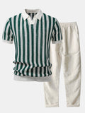 Stripe Johnny Collar Open Knit Polo & Straight Leg Linen Pants