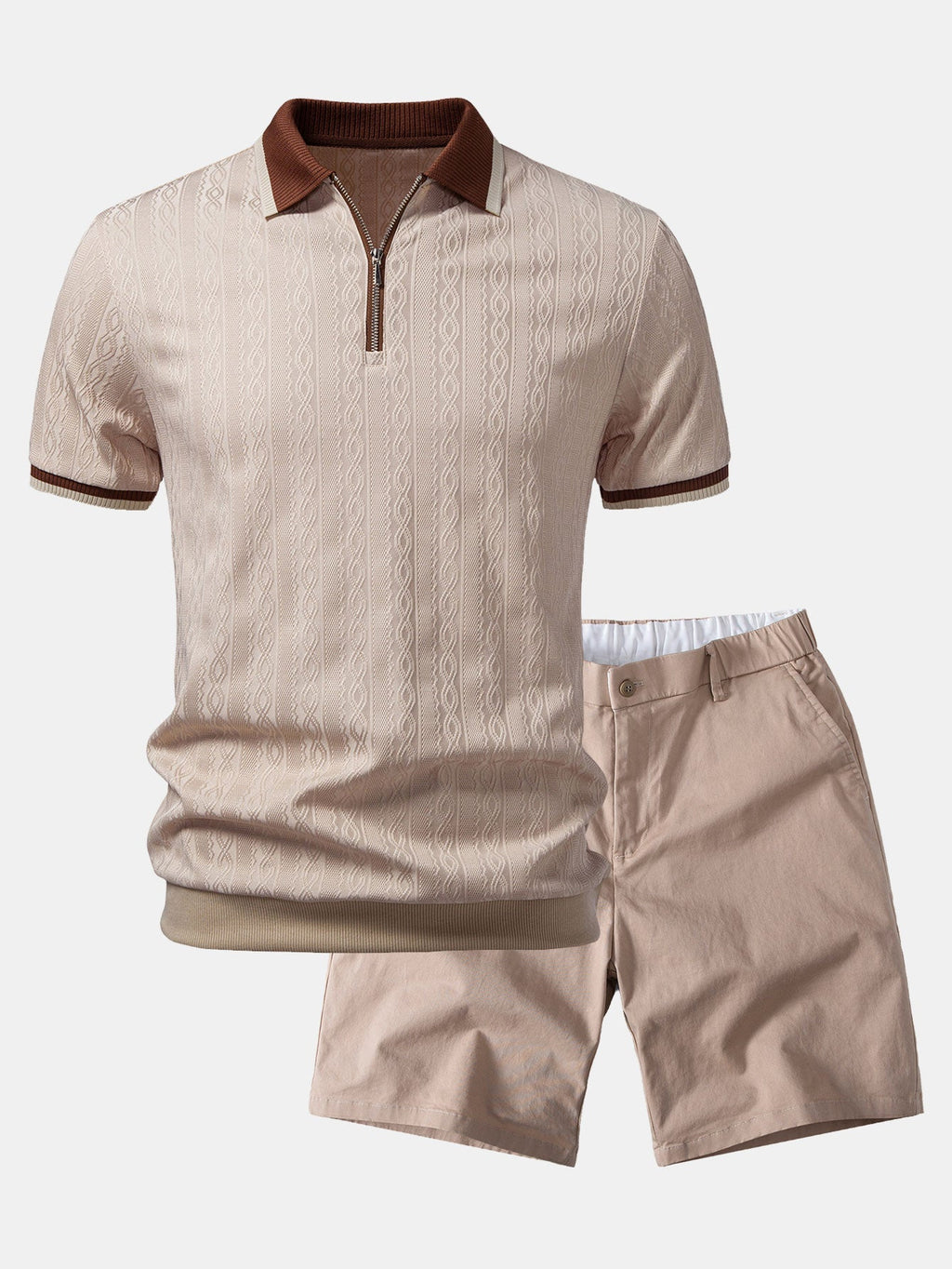 Contrast Trim Textured Zipper Knit Polo & Elastic Waist Chino Shorts