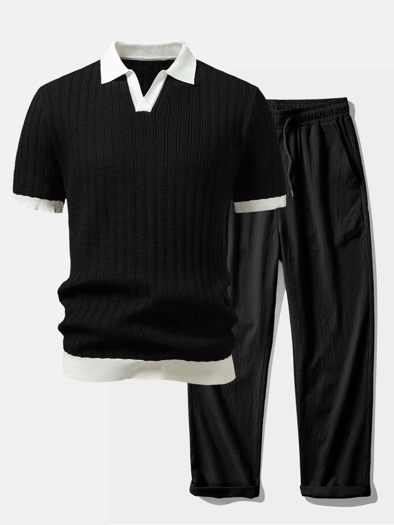 Contrast Textured Johnny Collar Knit Polo & Crinkle Textured Straight Leg Pants