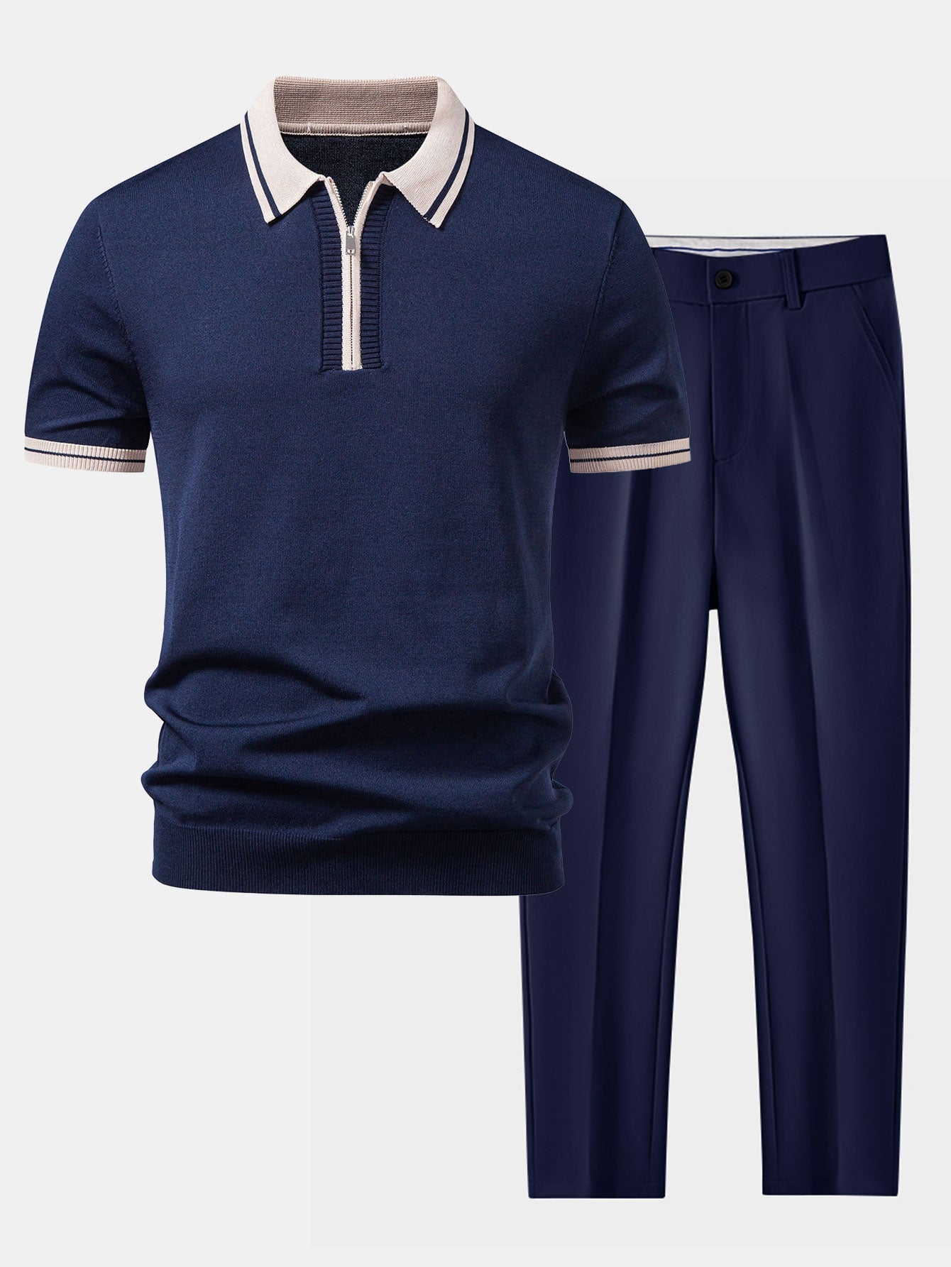 Contrast Trim Zipper Knit Polo & Slim Fit Tapered Trousers