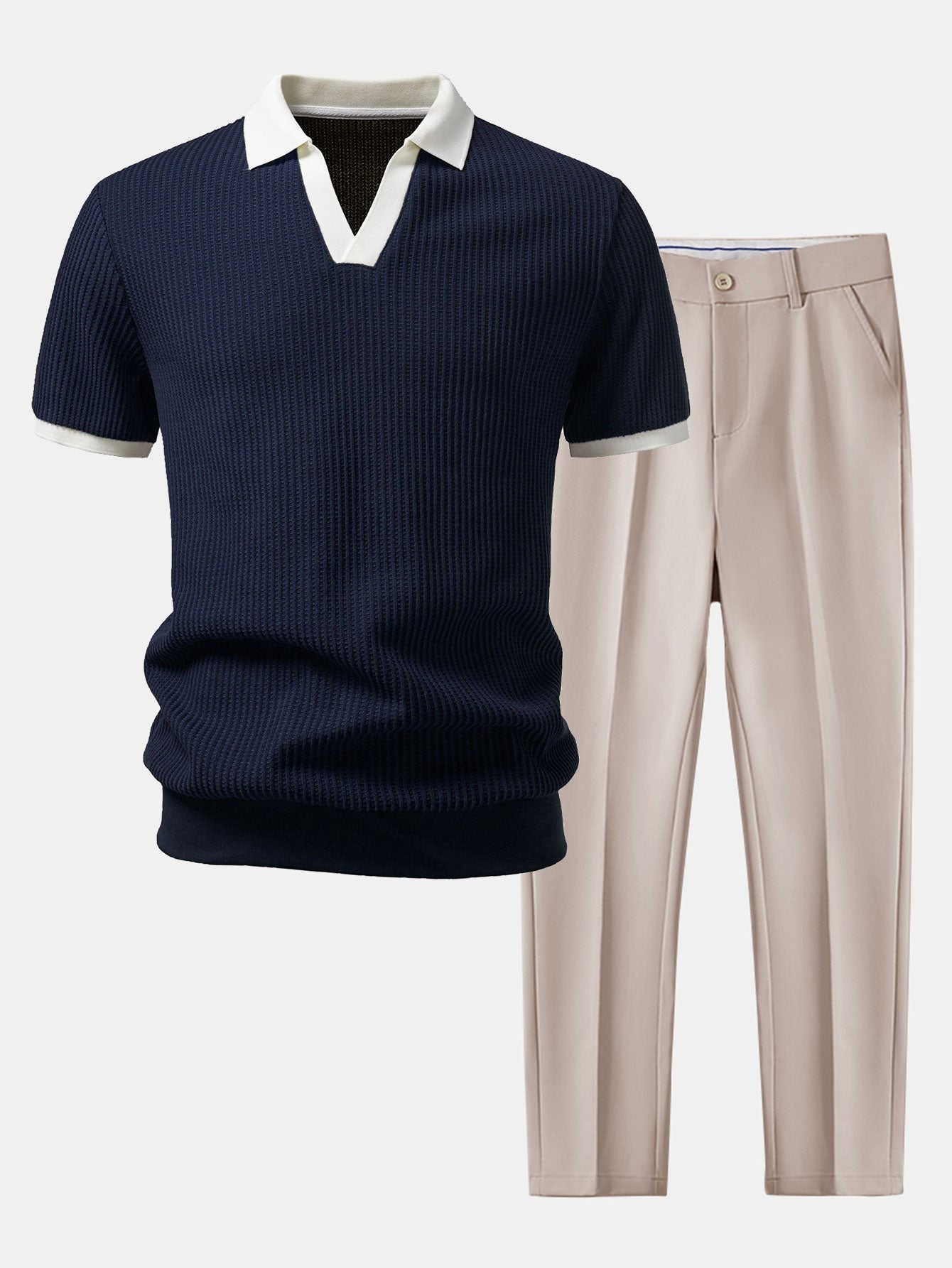 Contrast Knit Waffle Johnny Collar Polo & Slim Fit Tapered Trousers