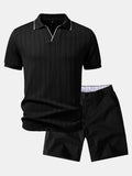 Geometric Jacquard Johnny Collar Polo & Elastic Waist Chino Shorts