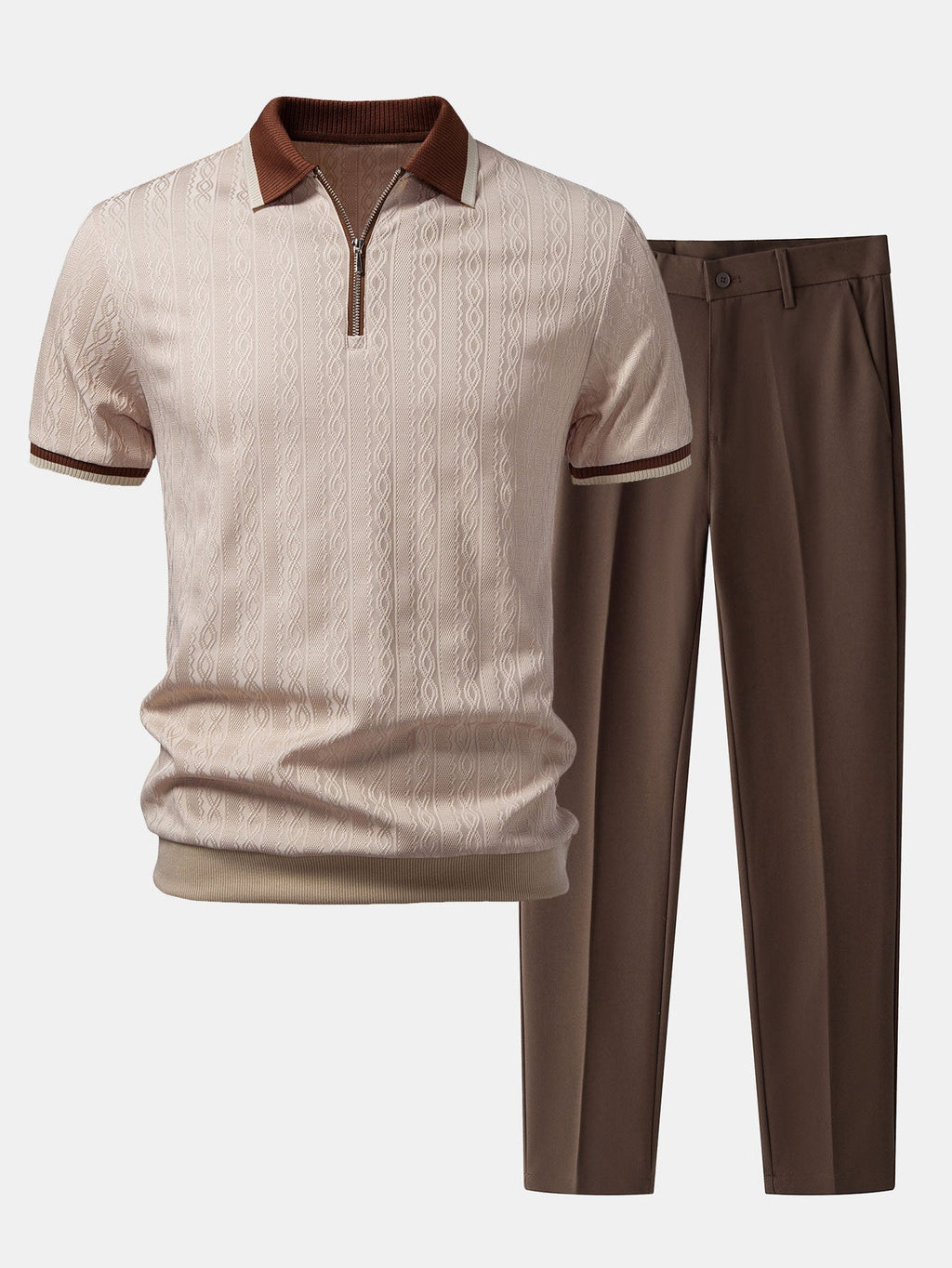 Contrast Trim Textured Zipper Knit Polo & Slim Fit Tapered Trousers