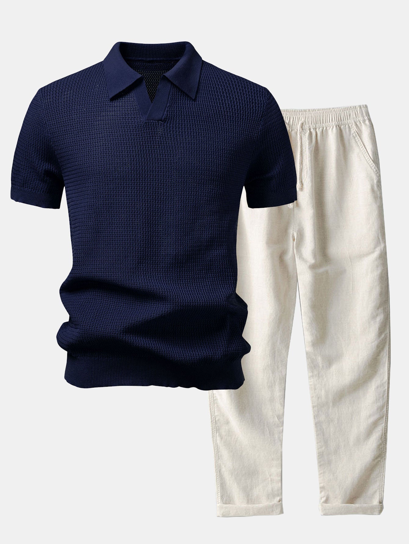 Textured Johnny Collar Crocheted Knit Polo & Straight Leg Linen Pants