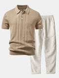 Geometric Jacquard Open Knit Polo & Straight Leg Linen Pants