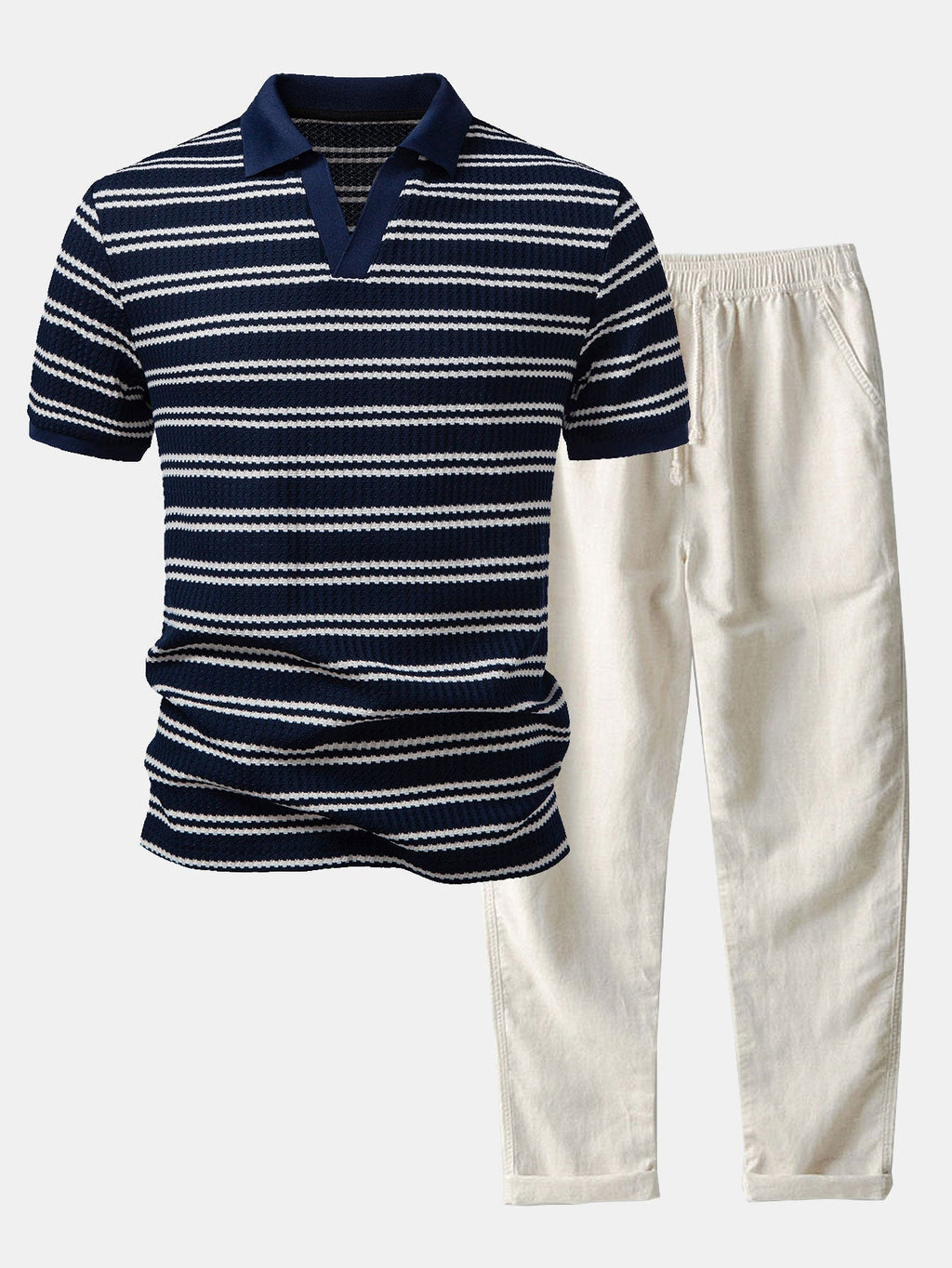 Stripe Waffle Johnny Collar Polo & Straight Leg Linen Pants