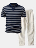 Stripe Waffle Johnny Collar Polo & Straight Leg Linen Pants