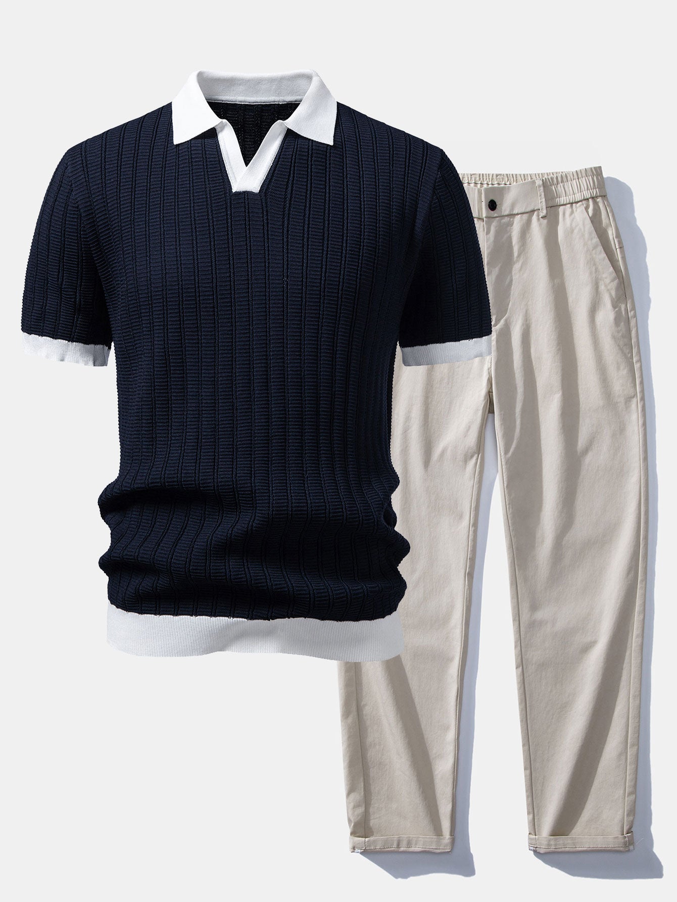 Contrast Textured Johnny Collar Knit Polo & Elastic Waist Straight Leg Trousers