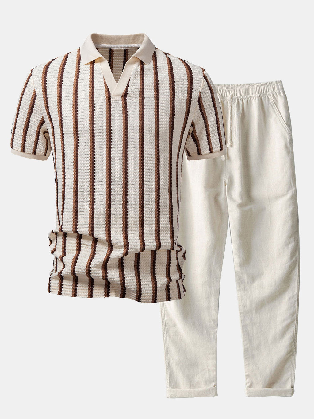 Waffle Stripe Johnny Collar Polo & Straight Leg Linen Pants
