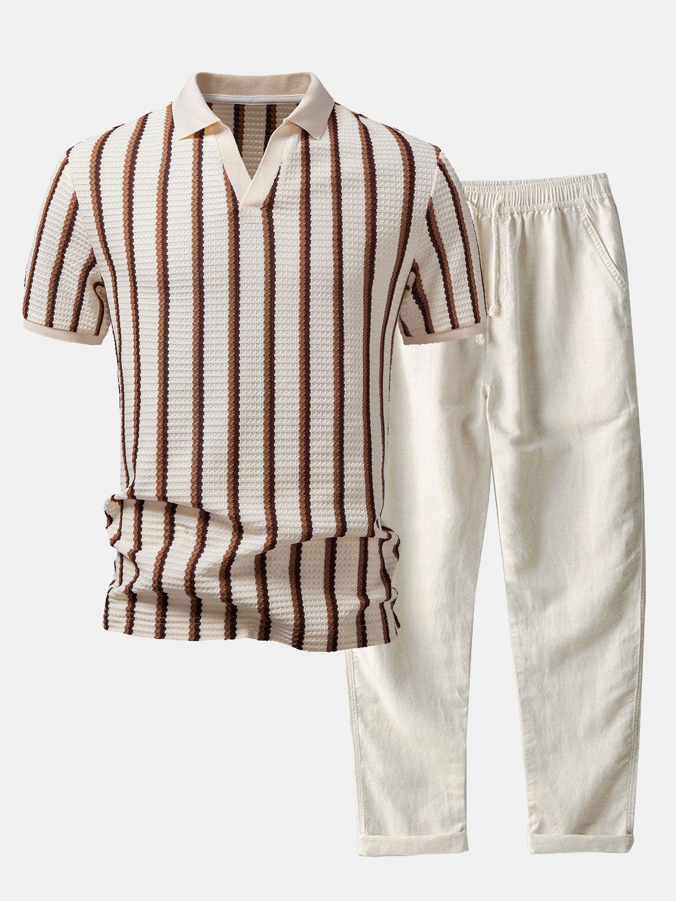 Waffle Stripe Johnny Collar Polo & Straight Leg Linen Pants