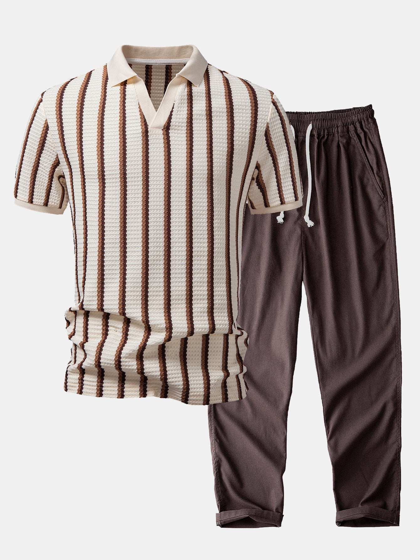 Waffle Stripe Johnny Collar Polo & Straight Leg Linen Pants