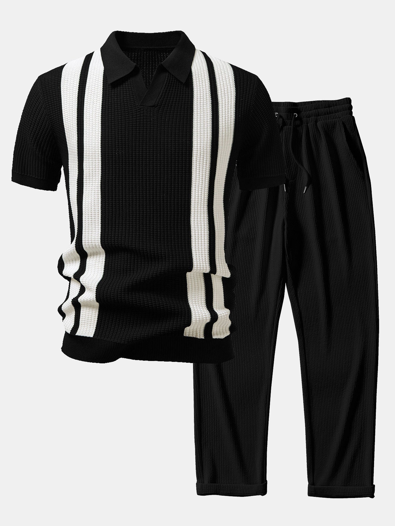 Stripe Johnny Collar Knit Polo & Straight Leg Ribbed Pants