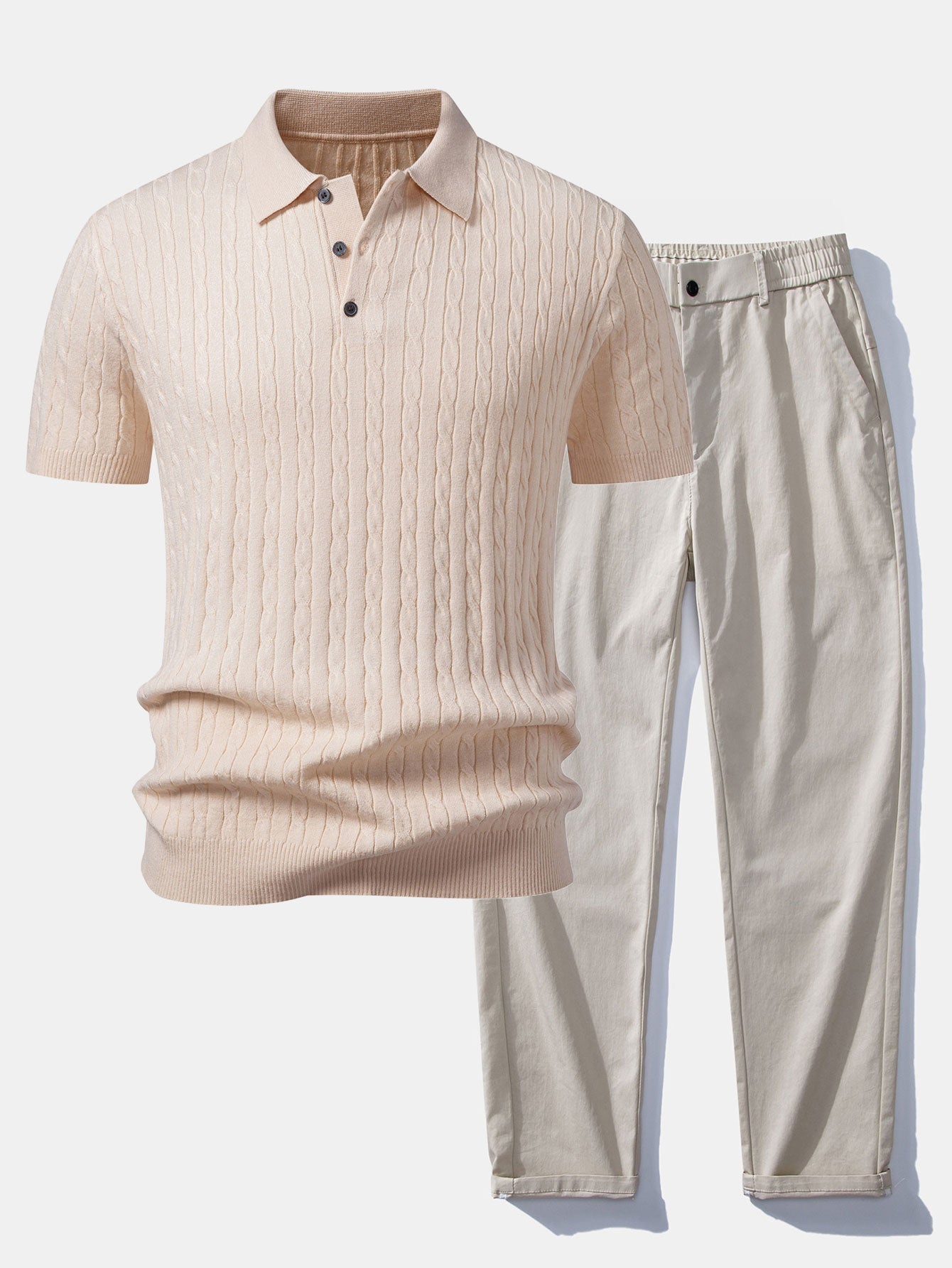 Twisted Jacquard Knit Polo & Elastic Waist Straight Leg Trousers