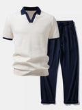 Contrast Knit Waffle Johnny Collar Polo & Drawstring Knitted Waffle Pants