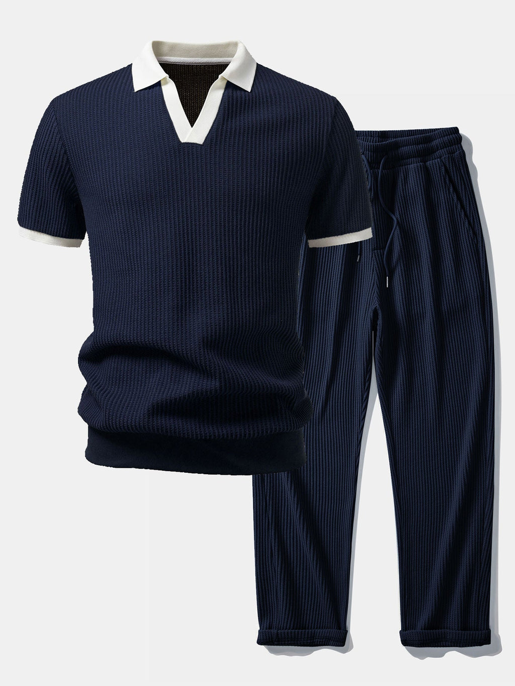 Contrast Knit Waffle Johnny Collar Polo & Drawstring Knitted Waffle Pants