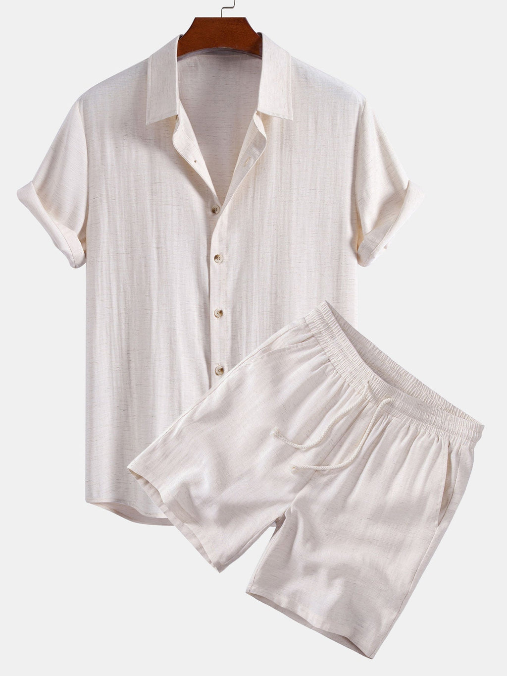 Linen Rayon Blend Button Up Shirt & Drawstring 7" Shorts