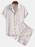 Linen Rayon Blend Button Up Shirt & Drawstring 7" Shorts