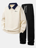Relax Fit Letter Print Contrast Polo Sweatshirt & Straight Leg Pleated Pintuck Sweatpants