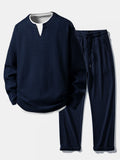 Relax Fit Waffle 2 In 1 Notched Collar T-Shirt & Drawstring Knitted Waffle Pants