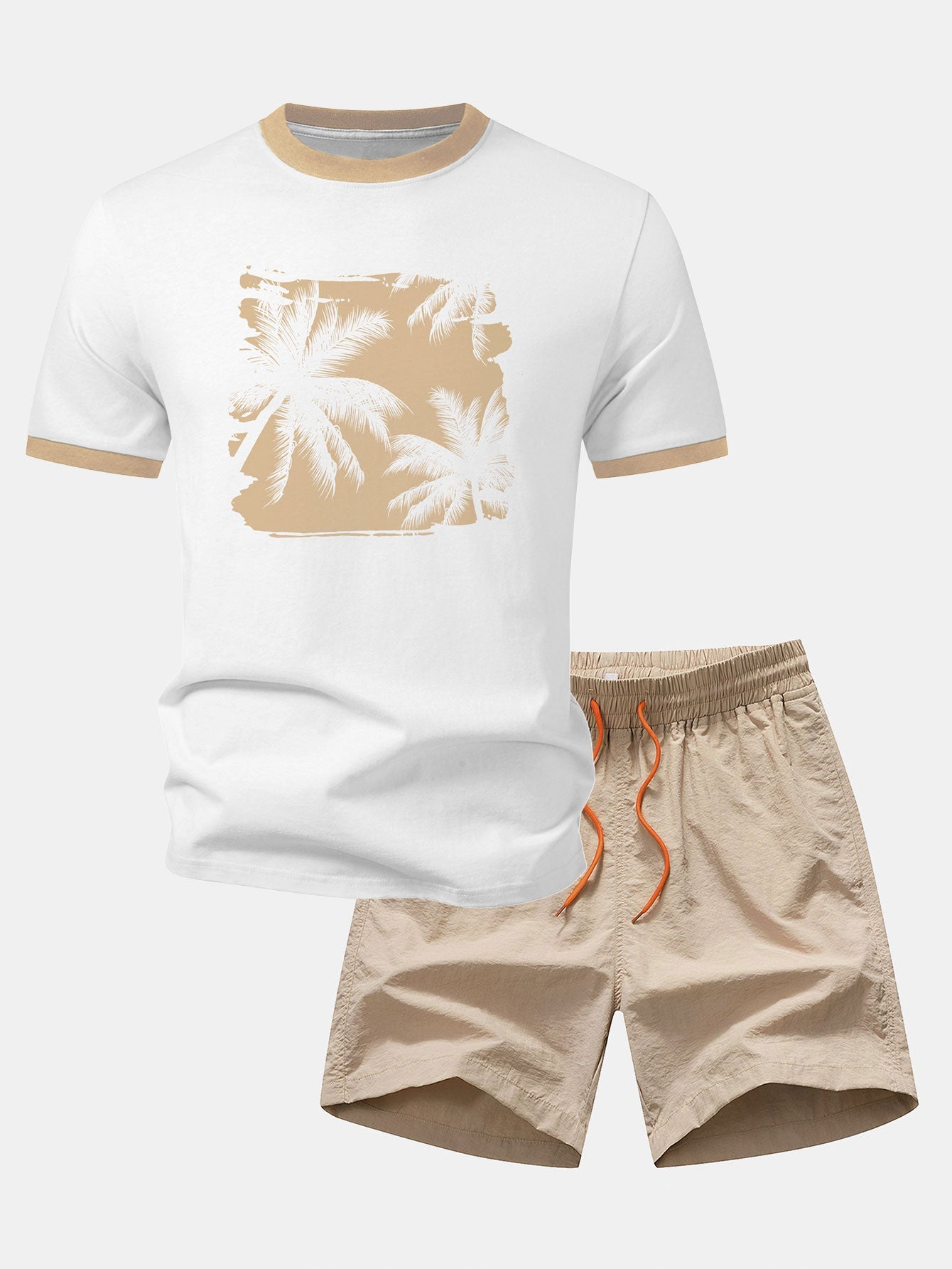 Palm Tree Print Contrast Ringer T-Shirt & Swim Shorts