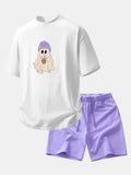 Relax Fit Purple Hat Ghost Print Cotton T-Shirt & Cotton Drawstring 7" Shorts