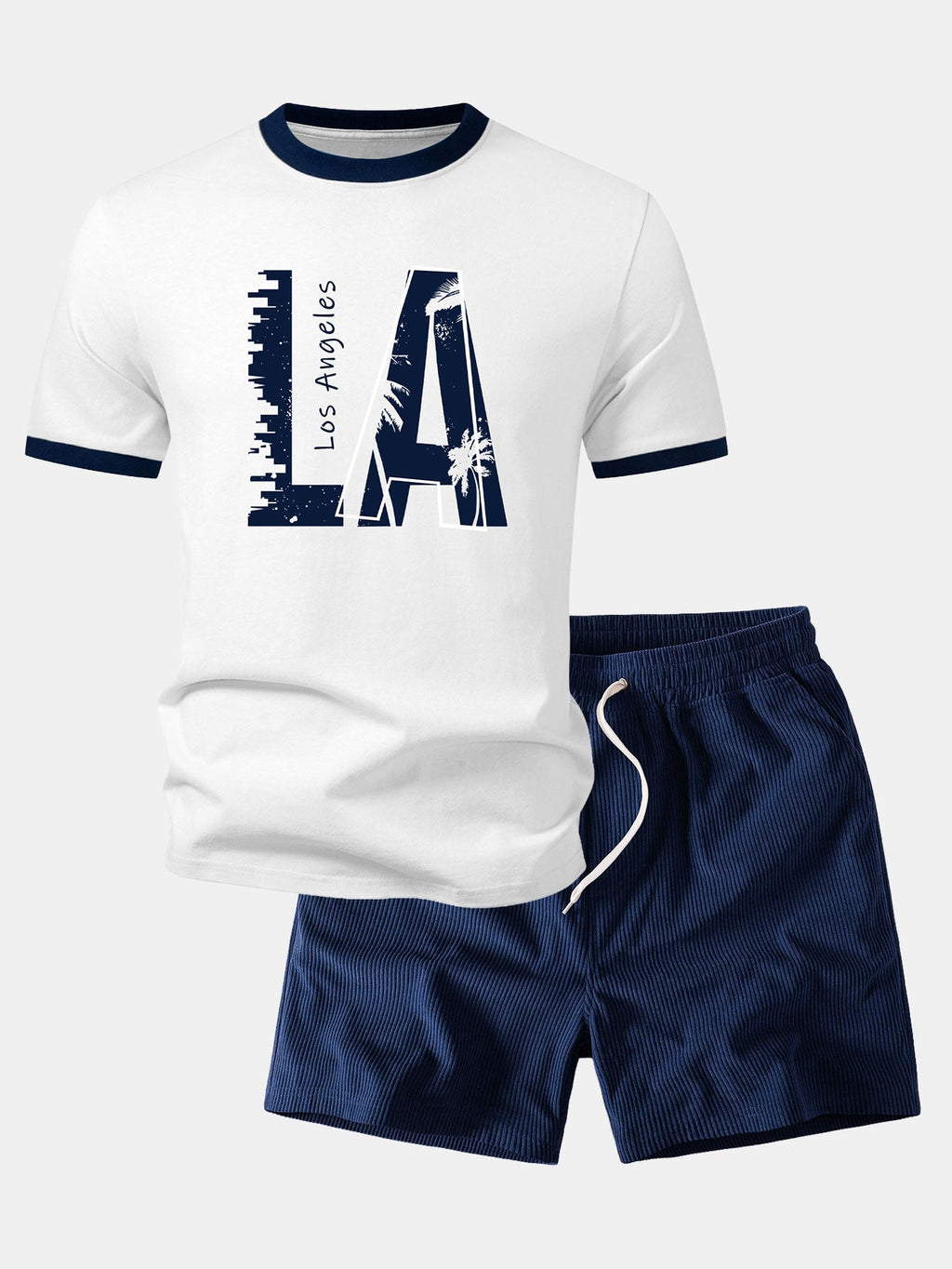 Los Angeles Print Contrast Ringer T-Shirt & 5" Drawstring  Corduroy Shorts
