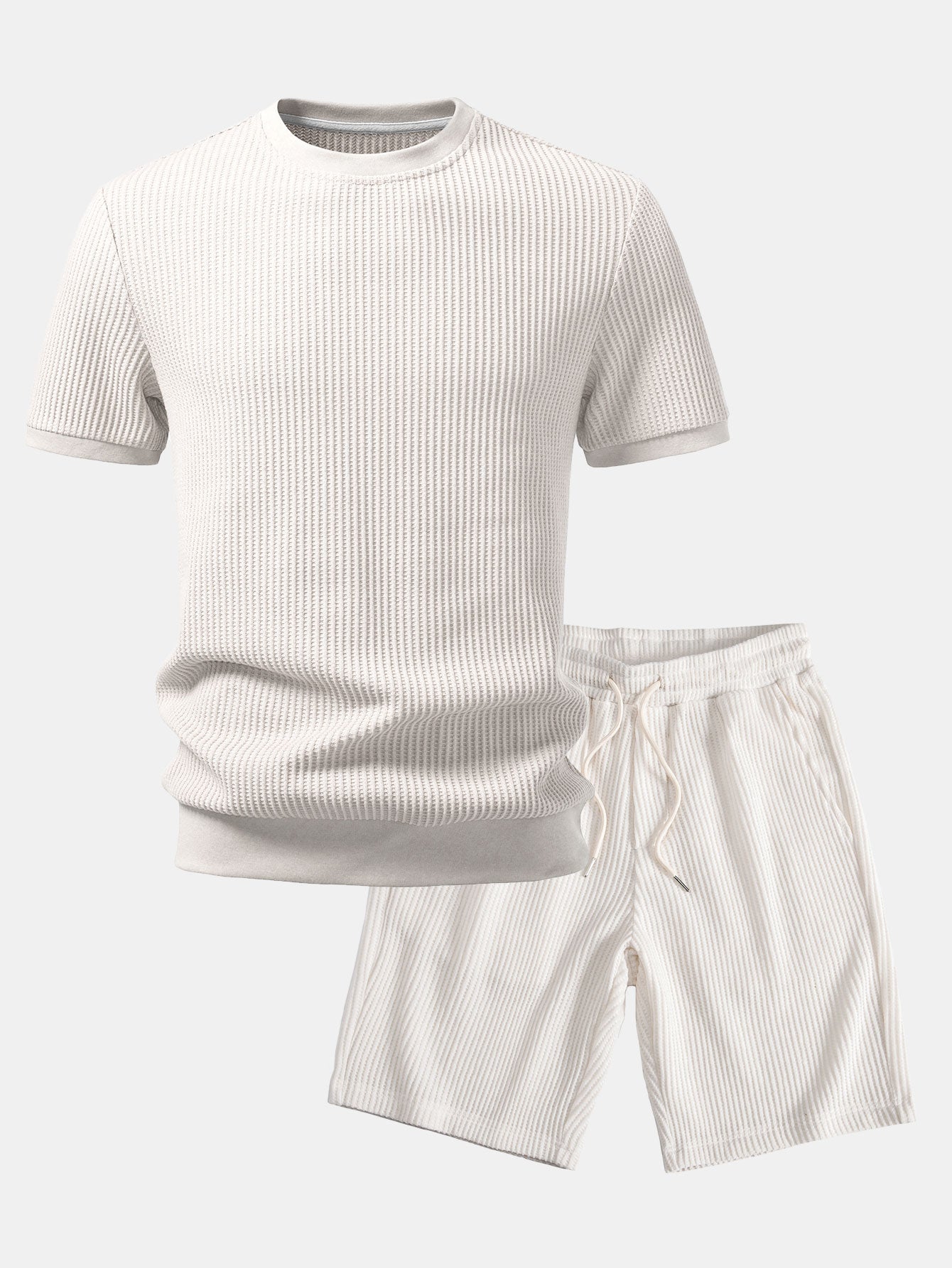 Waffle Ribbed Hem T-Shirt & Drawstring Knit Waffle Shorts