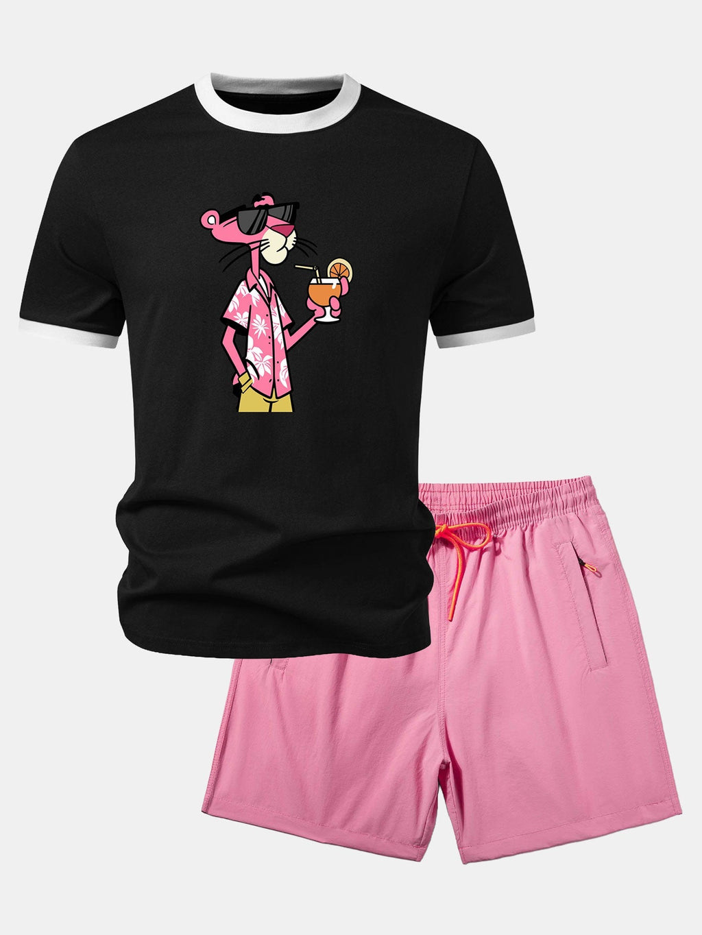 Vacation Pink Panther Print Contrast Ringer T-Shirt & Zip Pocket Swim Shorts