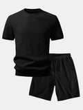 Waffle Ribbed Hem T-Shirt & Drawstring Knit Waffle Shorts