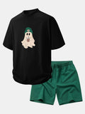 Relax Fit Darkgreen Hat Ghost Print Cotton T-Shirt & Cotton Drawstring 7" Shorts