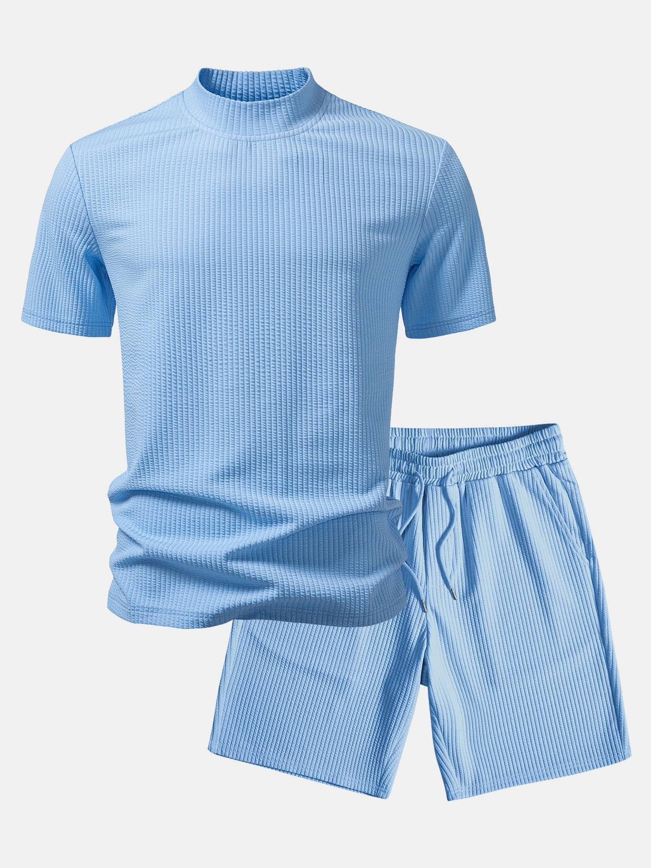 Ribbed  Mock Neck T-Shirt & Drawstring Ribbed Shorts