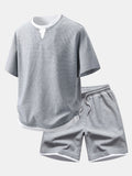 Relax Fit 2 In 1 Notched Collar Waffle T-Shirt & Waffle 7″‌ Shorts