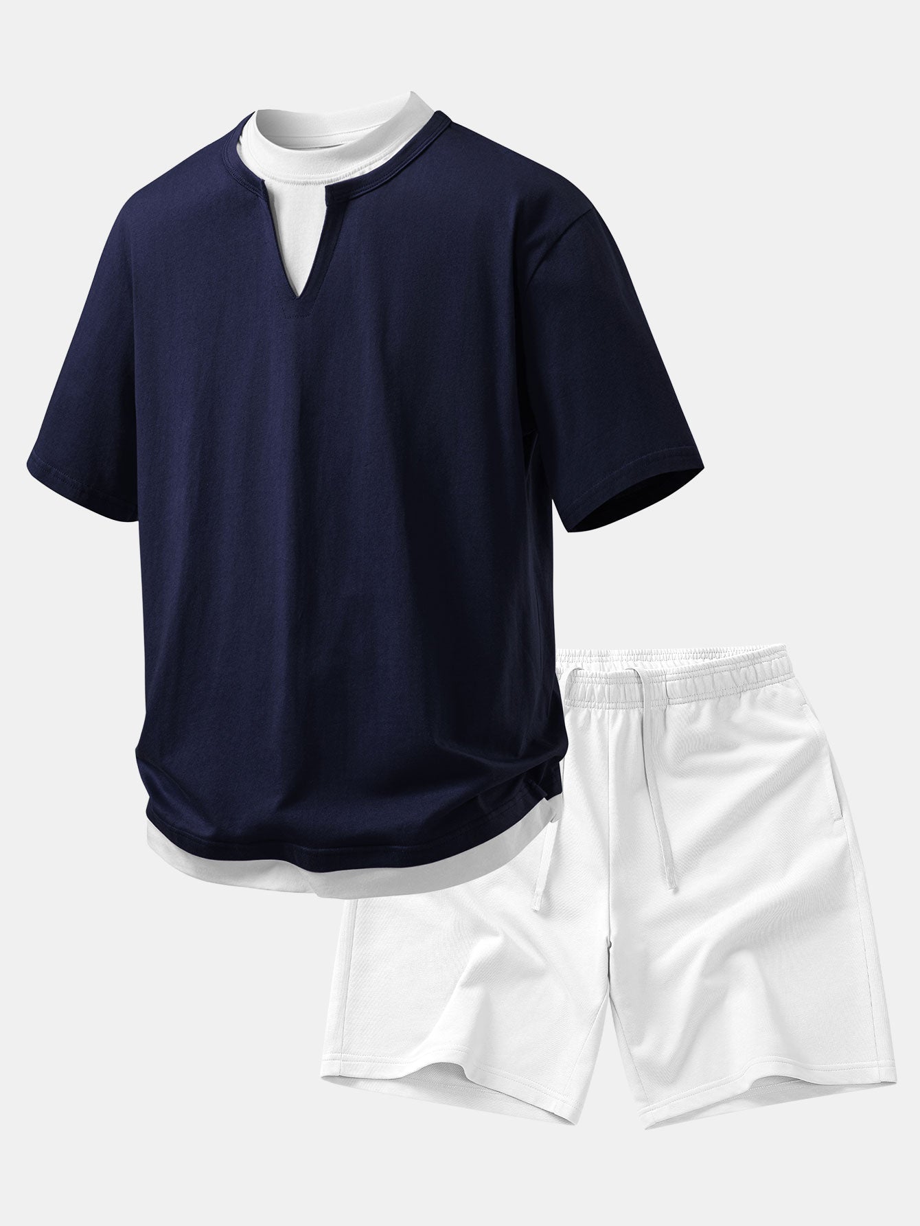 Relax Fit 2 In 1 Notched Collar T-Shirt & Cotton Drawstring 7" Shorts
