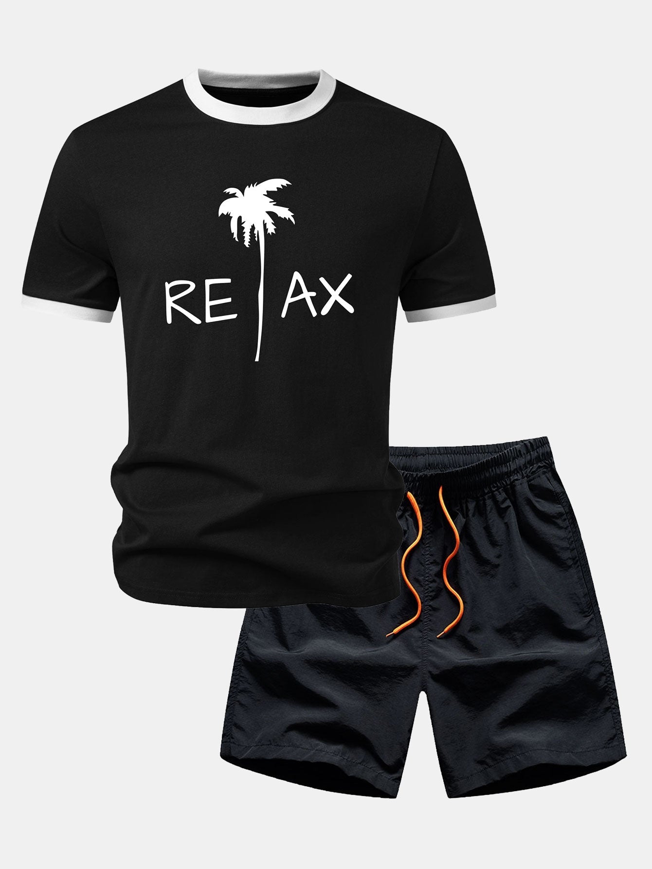 Relax Palm Tree Print Contrast Ringer T-Shirt & Swim Shorts
