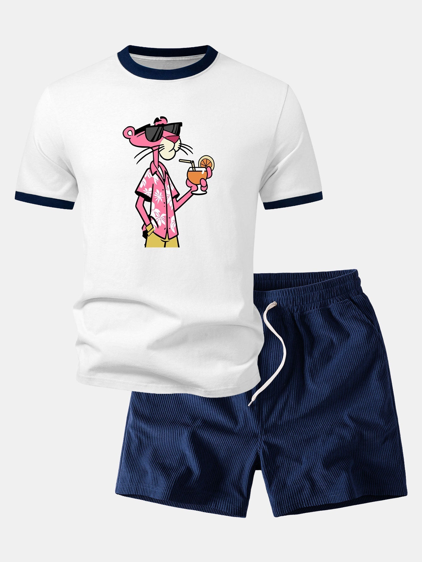 Vacation Pink Panther Print Contrast Ringer T-Shirt & 5" Drawstring  Corduroy Shorts