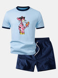 Vacation Pink Panther Print Contrast Ringer T-Shirt & 5" Drawstring  Corduroy Shorts