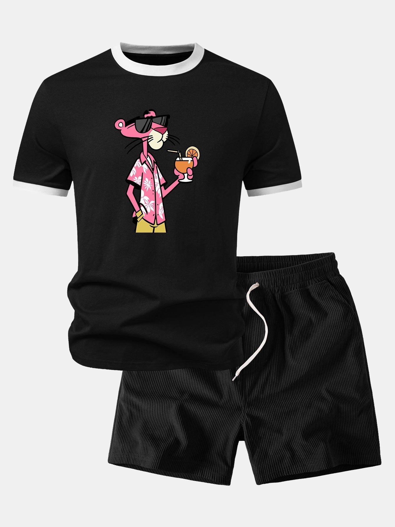 Vacation Pink Panther Print Contrast Ringer T-Shirt & 5" Drawstring  Corduroy Shorts