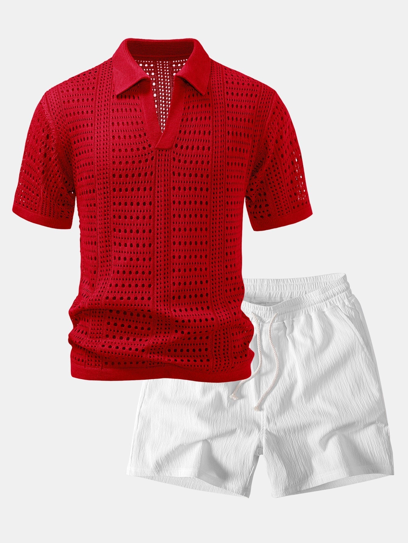 Crochet  V Neck Polo Shirt & Crinkle Textured Drawstring 5" Shorts