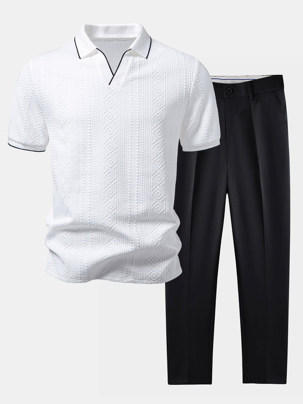 Geometric Jacquard V Neck Polo & Slim Fit Tapered Trousers