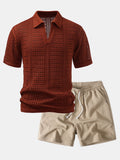 Crochet  V Neck Polo Shirt & Crinkle Textured Drawstring 5" Shorts