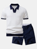 Texture Contrast Knitted V Neck Polo Shirt & Elastic Waist Chino Shorts