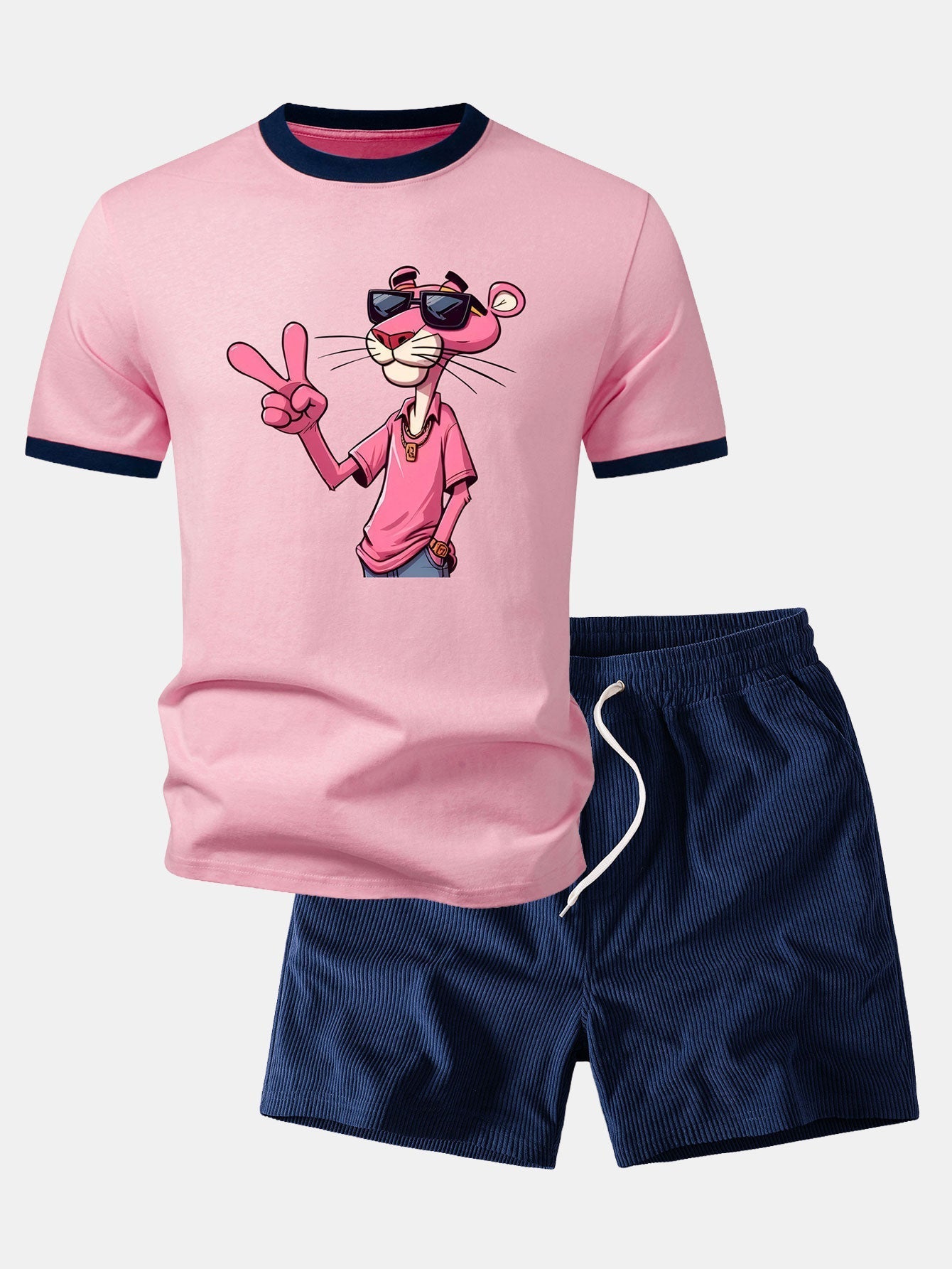 Pink Panther With V Sign Print Contrast Ringer T-Shirt & 5" Drawstring  Corduroy Shorts