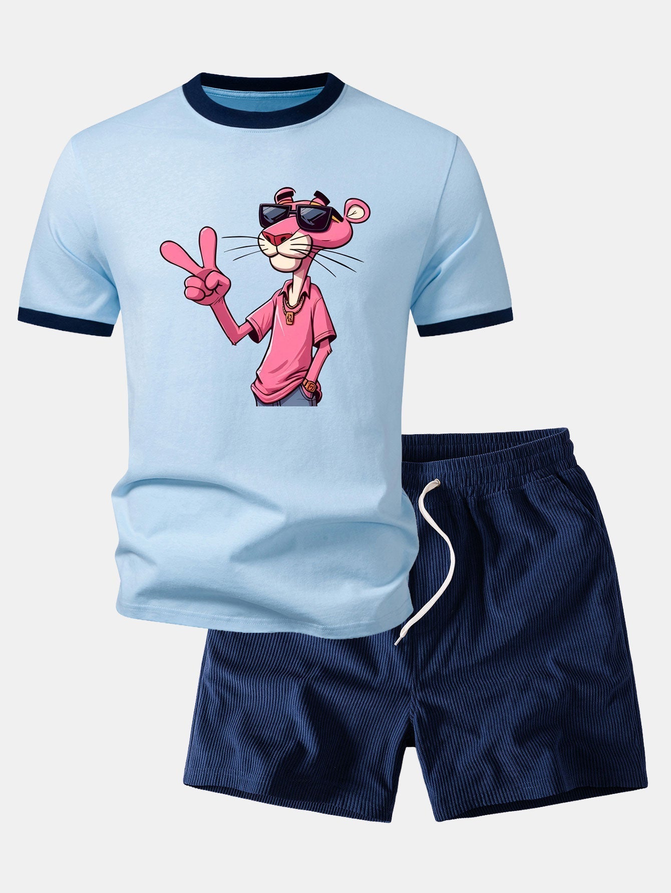 Pink Panther With V Sign Print Contrast Ringer T-Shirt & 5" Drawstring  Corduroy Shorts